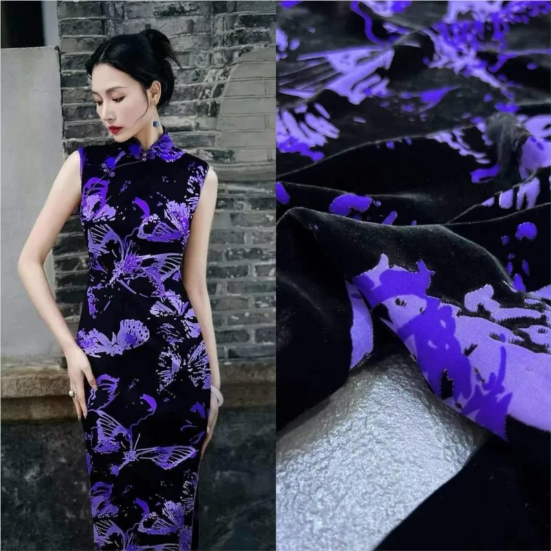 夏の新着パープルシルクベルベット植毛生地ドレスチャイナトップ