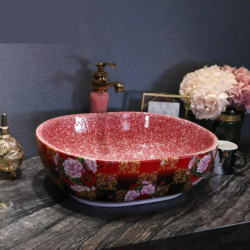 

New Chinese Ceramic Washbasin Bathroom Washroom Oval Art Basin colorful ceramic Wash Basin bathroom sink