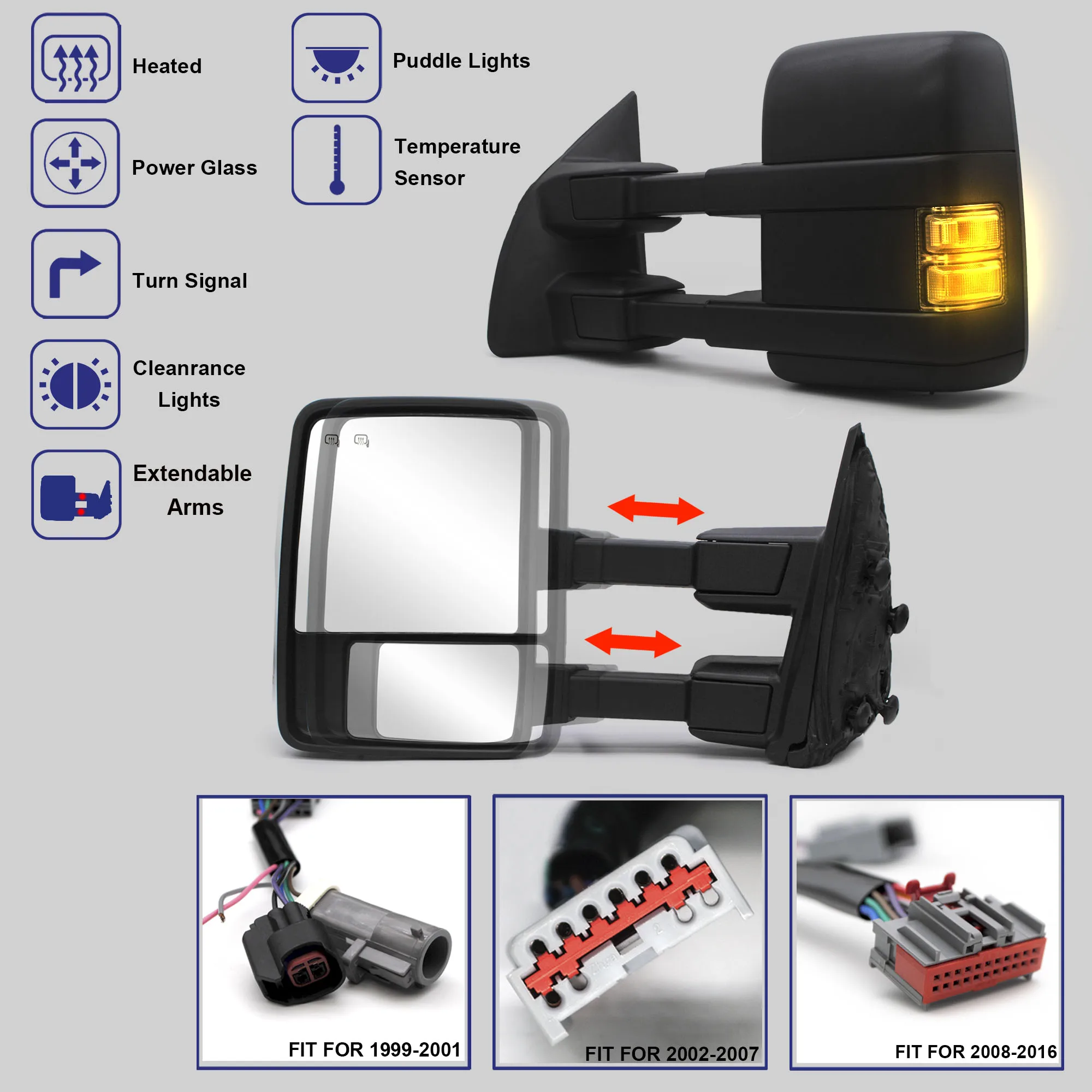 1999-2016 F250-F550 Super Duty Towing Mirrors, Smoke Turn Signal Lamp Power Heated Auxiliary Light Sensor Black Cap B40-TM