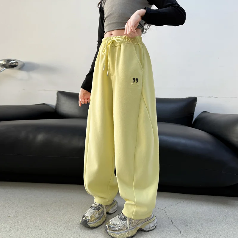 

School Kids New Spring Sports Pants for Teen Girls Casual Splicing Curved Knife Trousers Child Sporty Loose Sweatpants 4-14Y