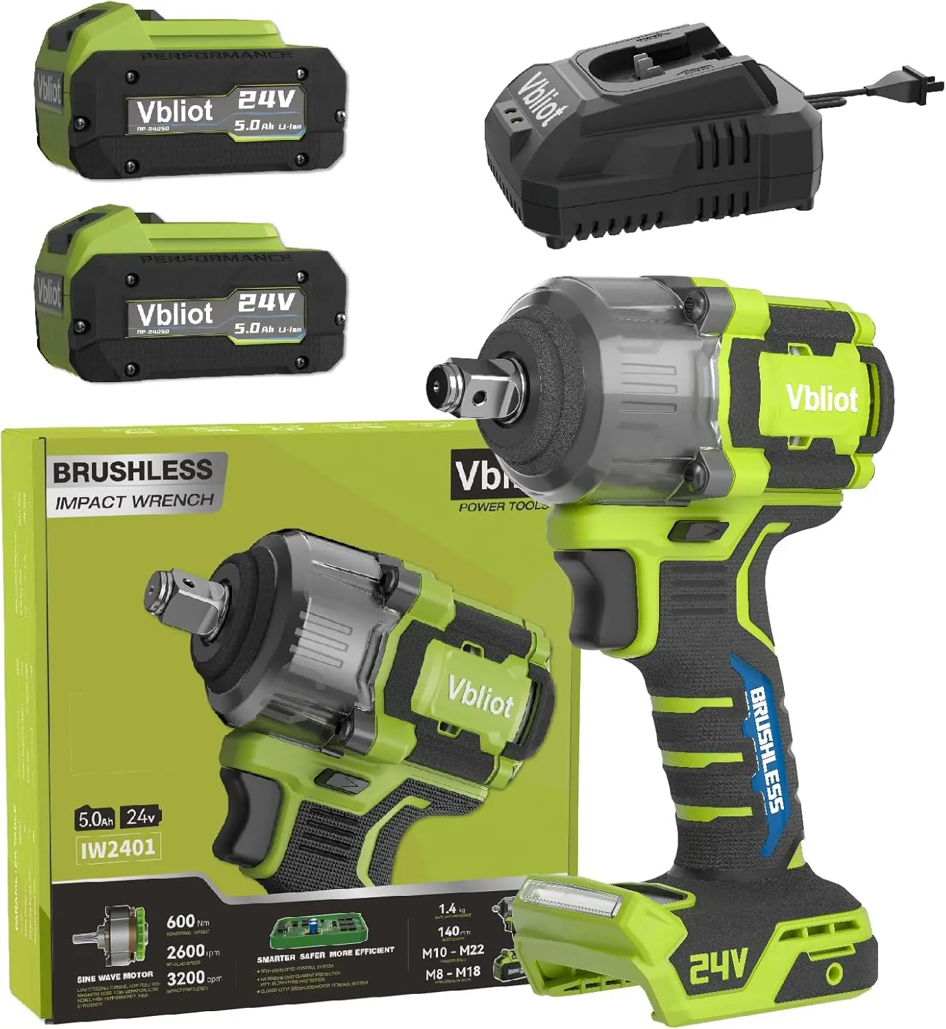 

24V Cordless Impact Wrench, 450Ft-lbs(600N.m) Brushless Electric Wrench Kit with 3-Mode speed, Fast Charger and 2×5Ah Li-Ion Bat