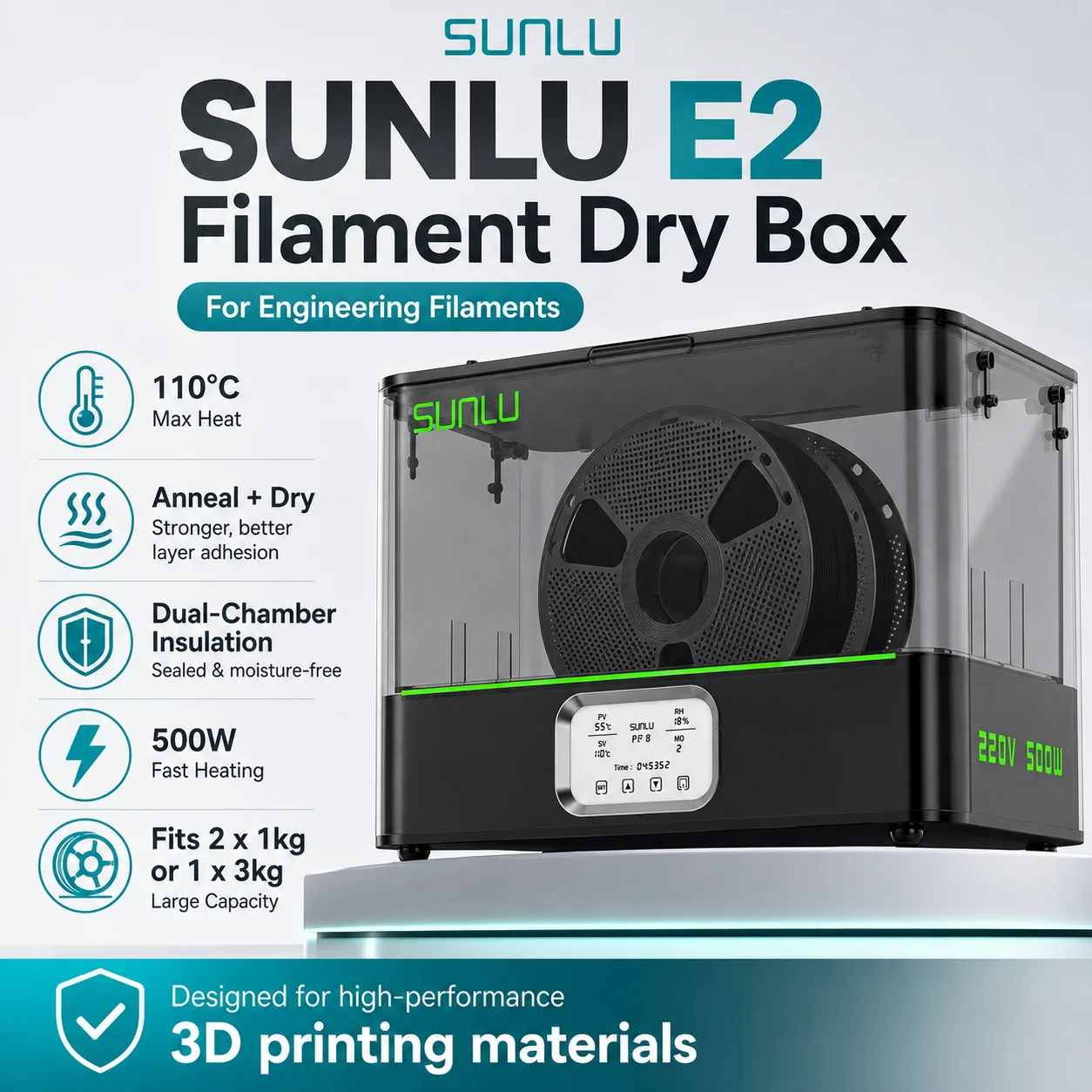 E2 / Filament Dryer Box / 110°C / 500W / Dual Spool / 3D Printer / Drying / Annealing / PA / PC / PETG / ABS / TPU