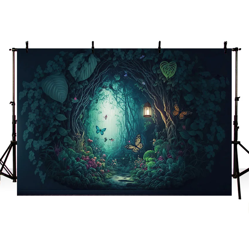 Mehofond Photography Backdrop Spring Forest Mysterious Scenery Kids Birthday Party Colorful Butterfly Decor Background Photocall