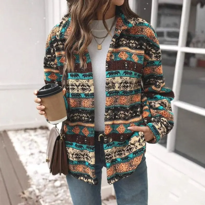 

Casual Print Double-Faced Velvet Women's Jaet Spring Autumn Loose Fit Button Detail Polyester Blend Long Sve Coat