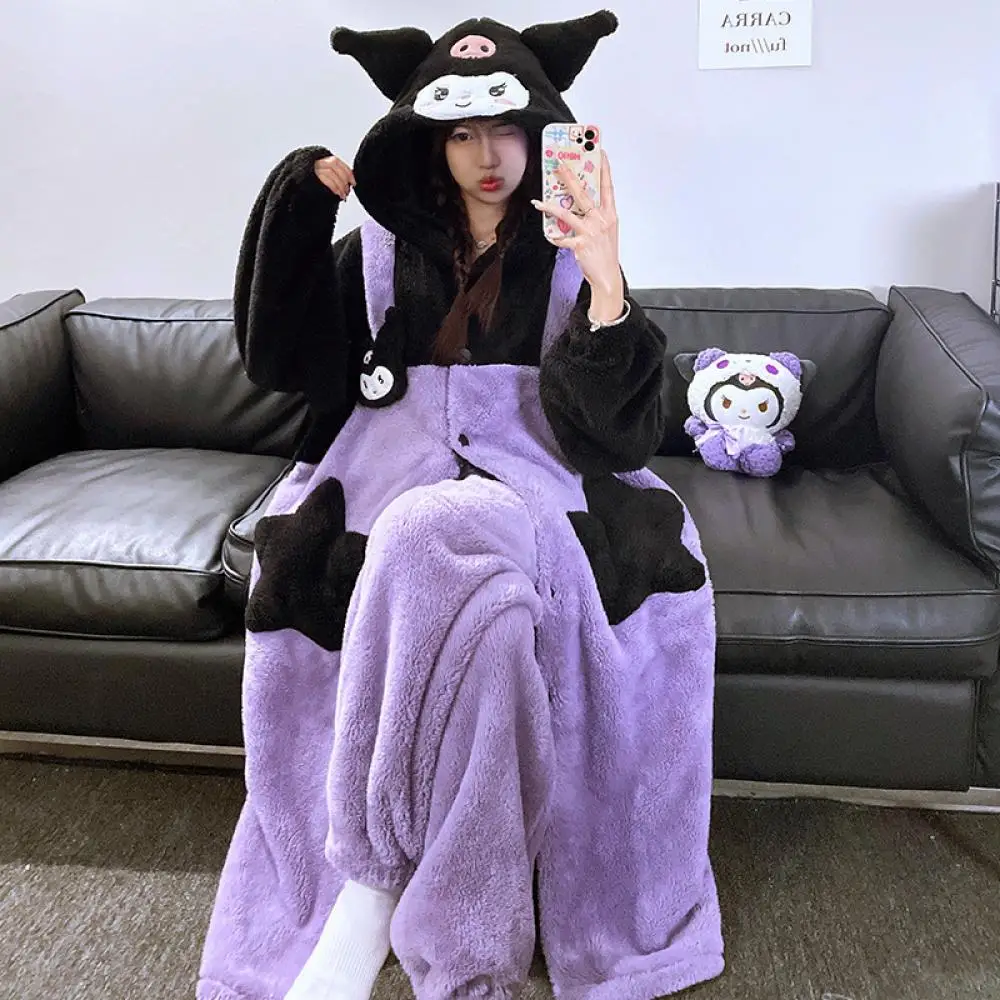 Anime My Melody Women Plush Pajamas Robe Set Sanrioed Cartoon Kawaii Kuromi Homewear Winter Long Style Thickened Nightgown Sweet