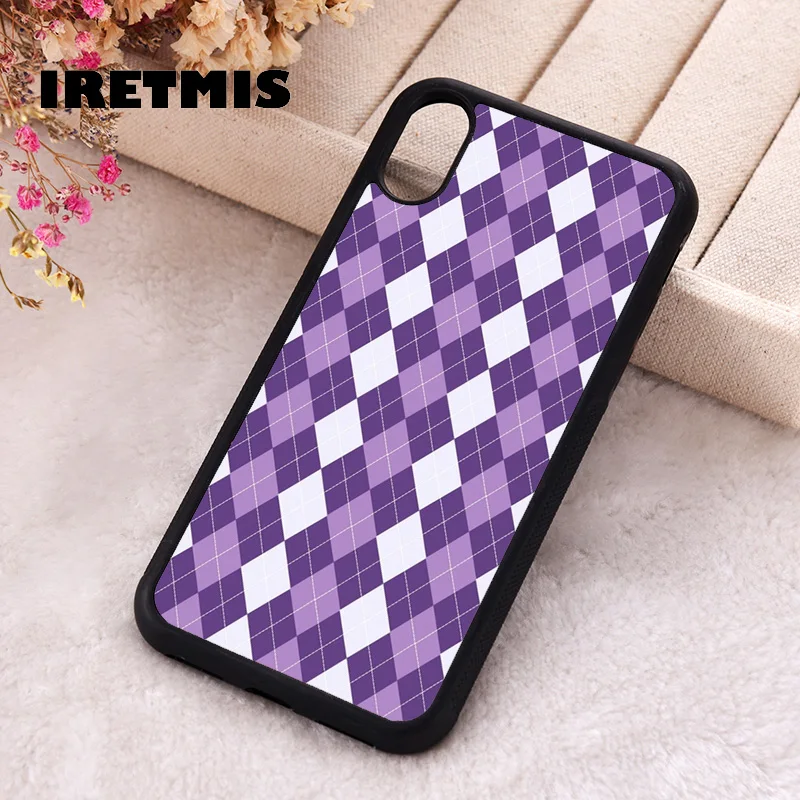 Iretmis 5 5S SE 2020 phone cover cases for iphone 6 6S 7 8 Plus X Xs Max XR 11 12 13 MINI 14 Pro Soft Silicone TPU Purple Argyle