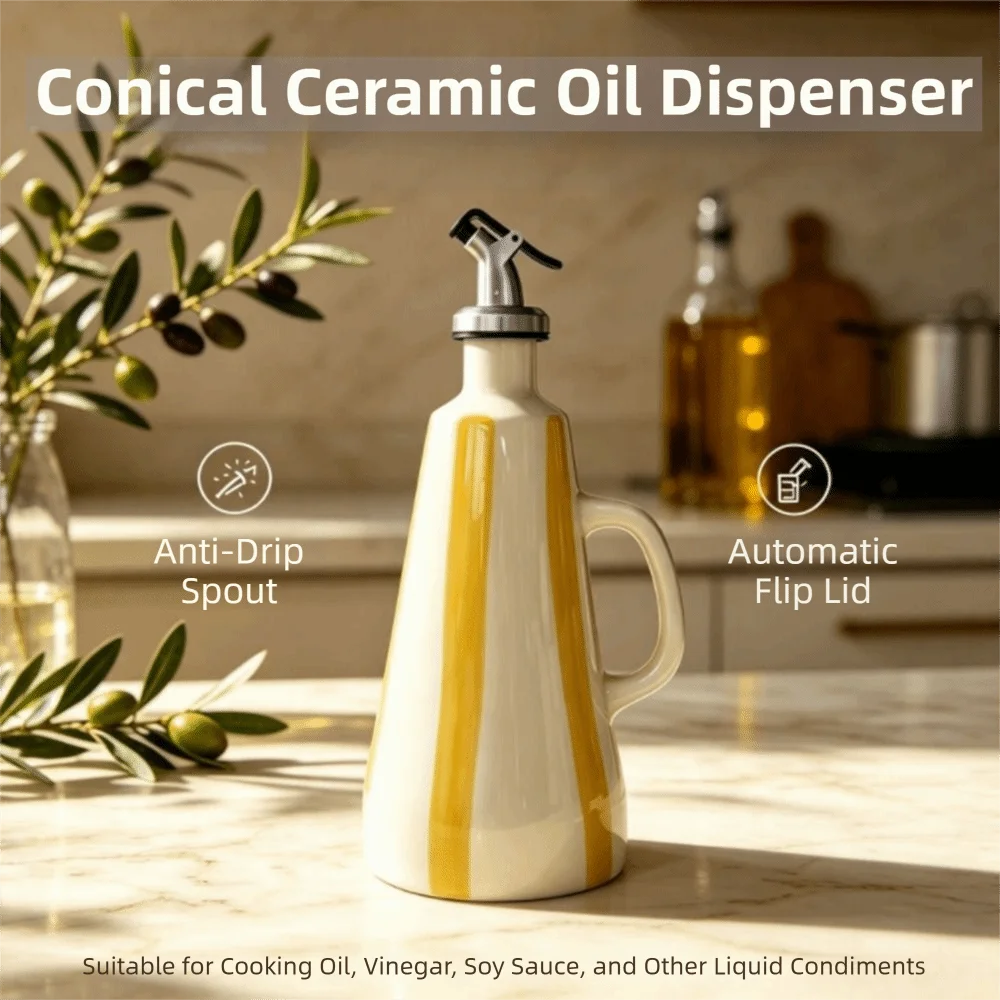 Automatic Pouring Ceramic Oil Bottle Cone-shaped Floral Vinegar Condiment Container No Drip Underglaze Embossed