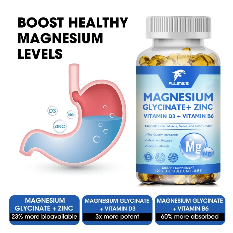 Magnesium Glycinate Capsules Supplement 500mg with Zinc,Vitamin D3 B6 High Absorption Support for Women & Men Non-GMO Veggie