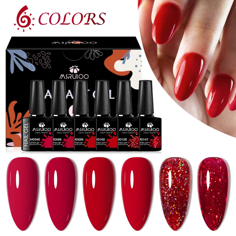 

MSRUIOO 6pc Red Gel Nail Polish Set Crystal Glitter Soak Off UV LED Gel Polish Kits Nail Art Painting Gel Vernis For Manicure