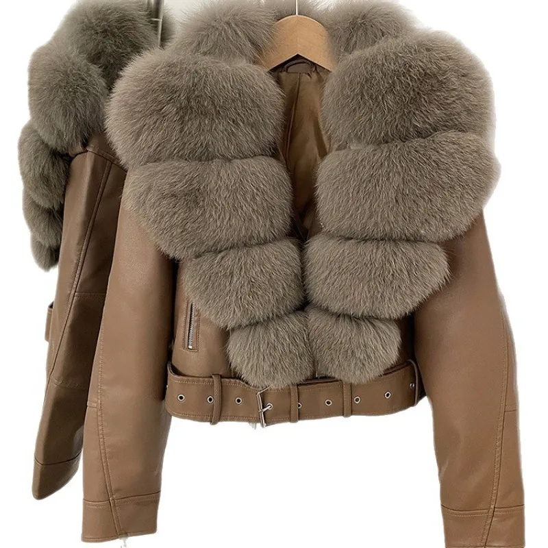 2026 الخريف الشتاء كبير الثعلب الفراء طوق سترة جلدية المرأة معطف قصير وشاحات ضئيلة عالية الخصر فو الجلود ملابس خارجية الشارع الشهير