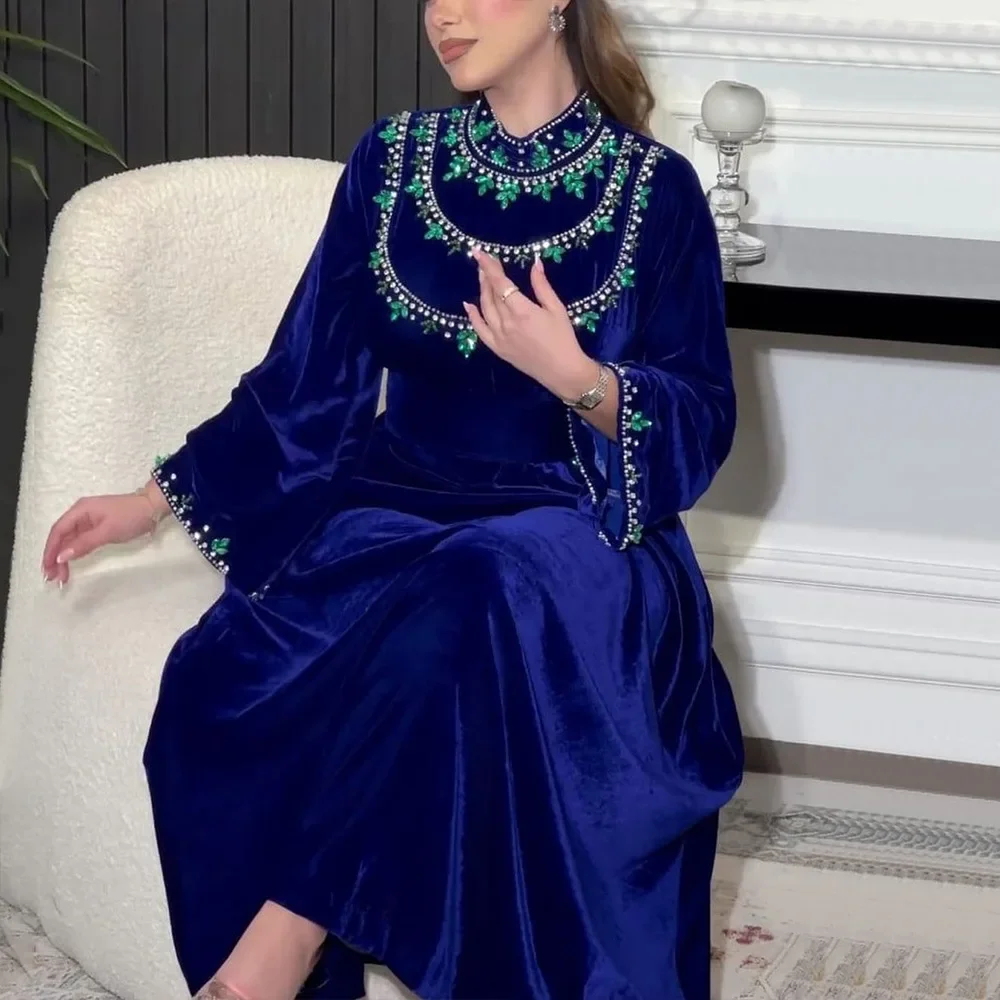 Royal Blue Saudi Arabia Women Prom Dresses A line Evening Dresses Long Sleeves Floor Length Zipper Formal Women Party Dresses