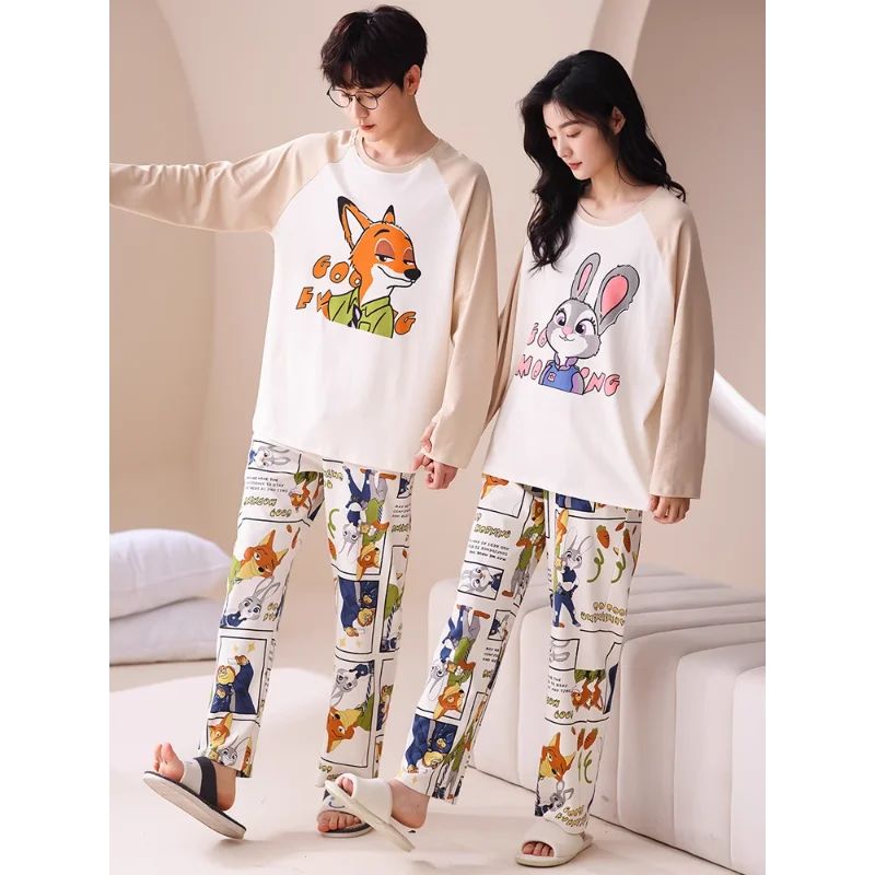 Cartoon Disney pajamas couple set autumn pure cotton long-sleeved trousers two-piece set loungewear casual women\'s pajamas