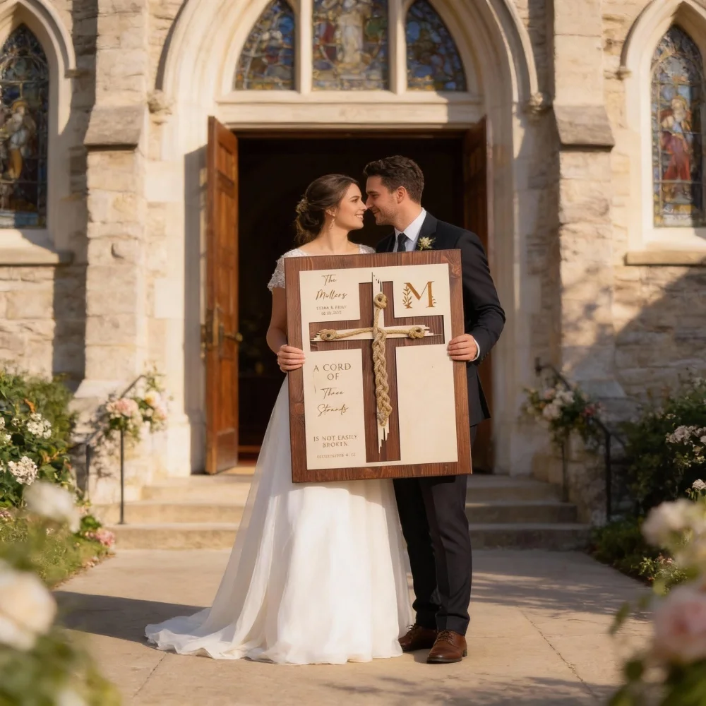 Cordon personnalisé à trois brins, plaque en bois pour cérémonie de l'unité, noms de couple personnalisés, date de mariage, monogramme familial, cadeau de mariage