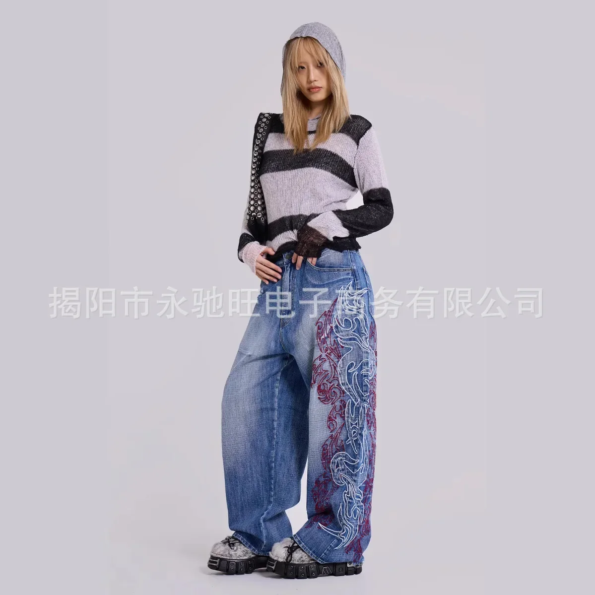 Hot Sale American Fashion Trend Joker Pattern Embroidered Loose Jeans Women Street Y2K New Hip Hop Oversized Wide-leg Pants Unis