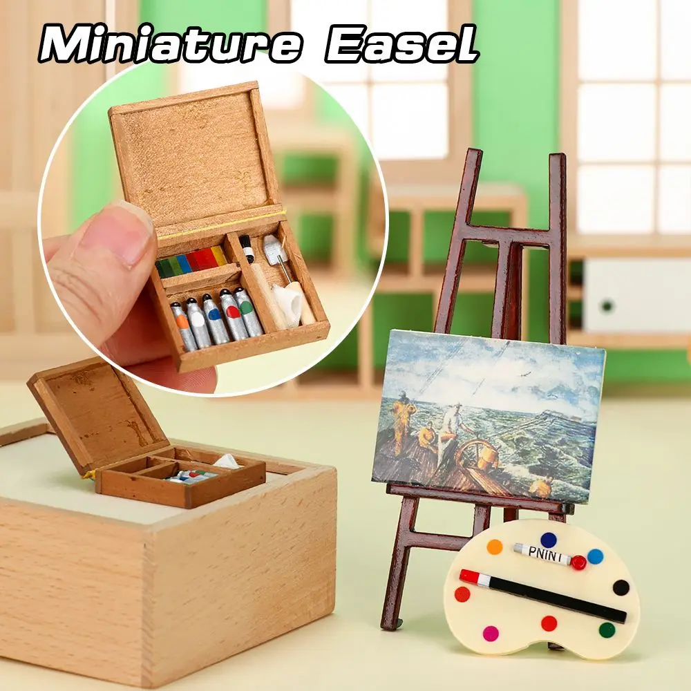 ドールハウス装飾人形 DIY モデルセット ミニ木箱製図板 ミニチュアイーゼル アーティストペイントペン