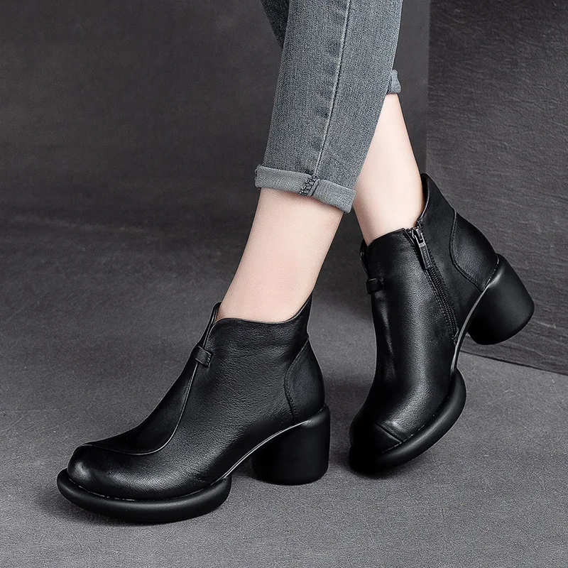 GKTINOO Genuine Leather Ankle Boots Women Shoes 2024 New Autumn Winter Round Toe Square Heel Zip Handmade Leisure Women Boots