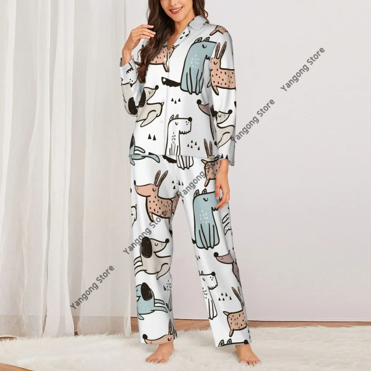 Spring and Autumn Long Sleeve Pants Pajamas Loungewear Set Hand Drawn Dogs Women's Pull Edge Loose Sleeping Suit