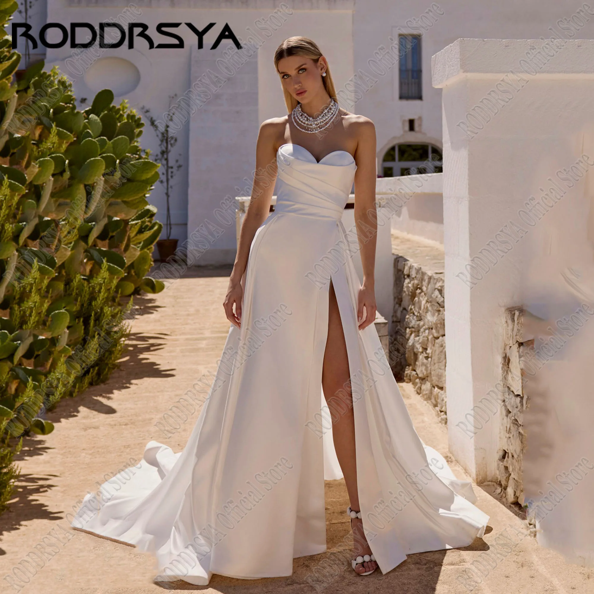 

RODDRSYA Satin Strapless Wedding Dresses 2025 Bride Side Split A Line Bridal Gown Sleeveless Elegant Wedding Gown Customized