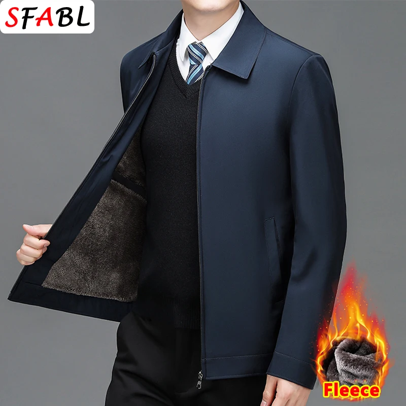 2024 New Fleece Lined Men\'s Winter Jacket Business Blazer Thick Warm Office Dress Jacket Autumn Work Outerwear Jacket Coat Black