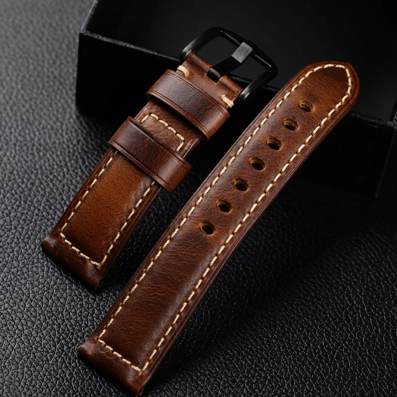 Handmade Head Layer Cowhide Leather Strap 18 19 20 21 22 23 24 26MM Oil Waxed Leather Genuine Leather Vintage Men Bracelet