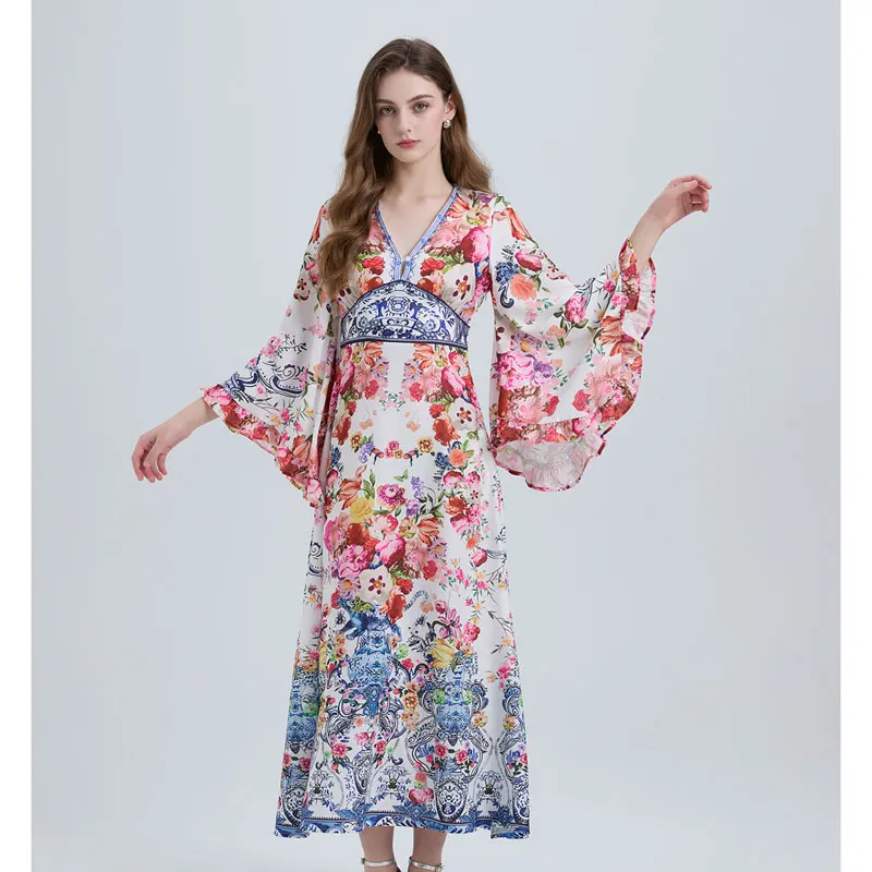 Spring Summer Fashion Luxury Print Bohemian Maxi Dress Women's Sexy V Neck Long Flare Sleeve High Waist A Line Robe Vestidos