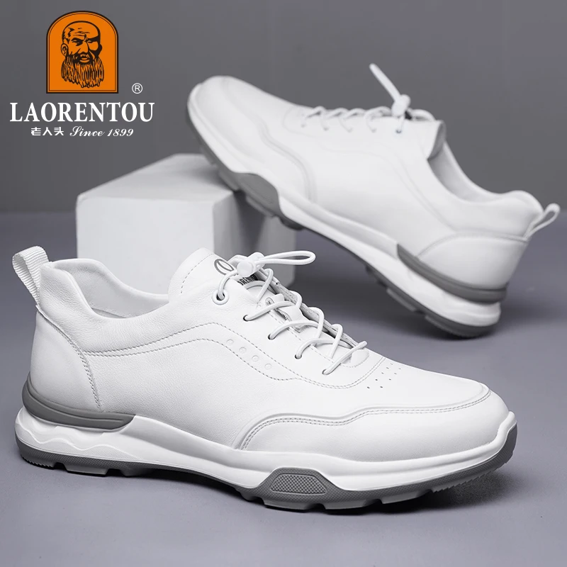 LAORENTOU dermis fashion shoes, men's casual leather shoes, breathable and non slip cowhide running shoes, white sports shoes