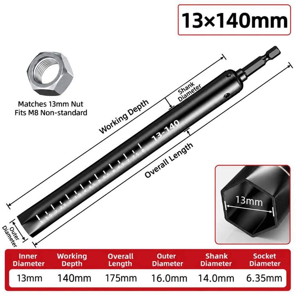 Stainless Steel Extended Socket Wrench Hollow Structure Graduated Scale Hex Socket Tool Black Finish Hex Shank