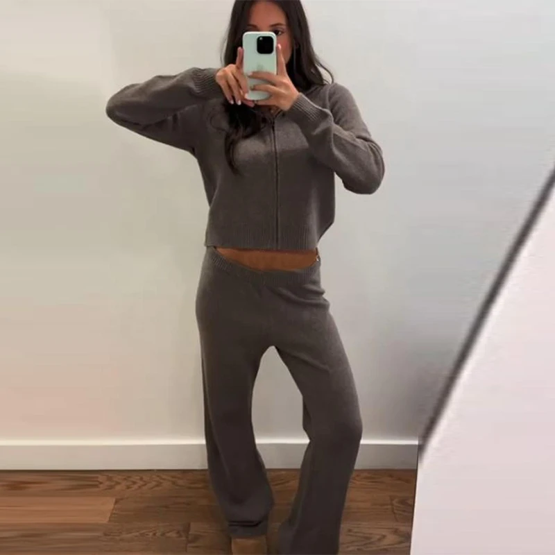 

Women's Autumn Winter Knit Pant Sets Long Sleeve Lapel Zipper Soft Jacket Casual Solid Elastic Pants 2025 New Lady Outfits