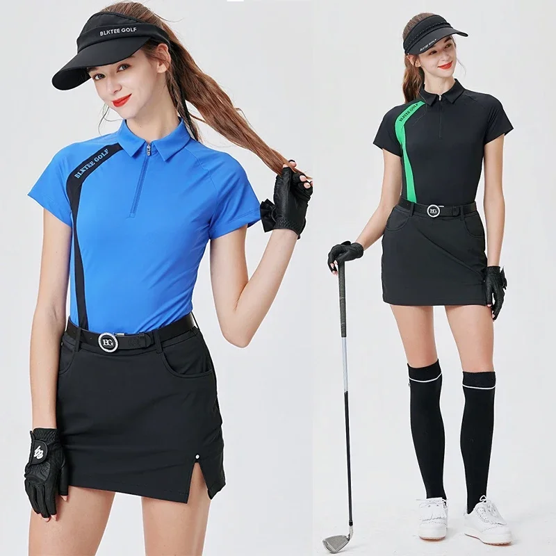 Blktee Ladies Golf Wear Sports T-shirts Zip Collar Tops Short-sleeved Shirts Women Golf Split Skirt Set High Waist Casual Skort