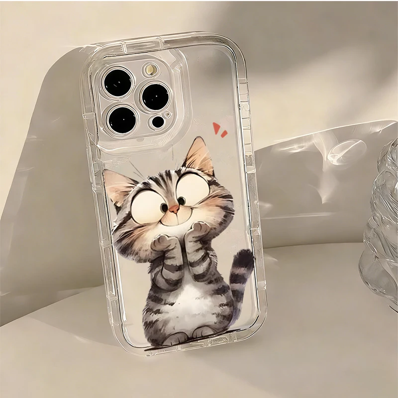 Transparent Cartoon Cats Pattern Phone Case For iPhone 15 16 17 Pro Max 16E 14 13 11 12 Mini 7 8 Plus SE2 XS XR Shockproof Cover view 2