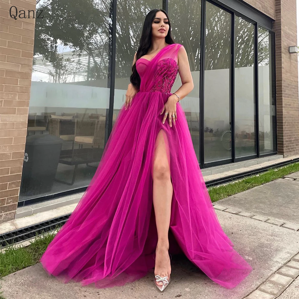 

Qanz Sexy Sweetheart Fuchsia Prom Dresses Leg Slit Appliques Crystals A-line Vestidos Para Mujer Elegantes Y Bonitos Prom Gowns