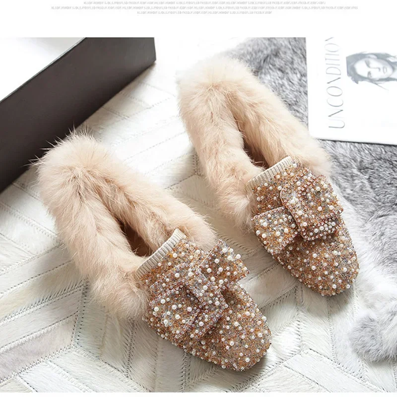 Big Size Crystal beading fur moccasins women winter shoes square toe warm plush loafers female glitter pearl mink fur flats