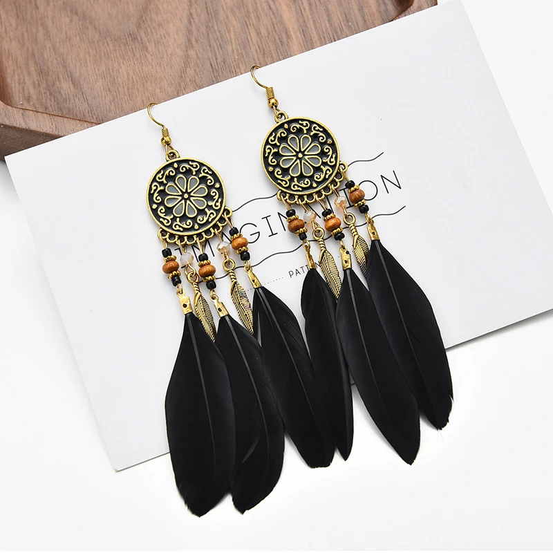 Black Long Bohemian Feather Earrings for Women Ethnic Unique Temperament Geometric Dangle Earrings Female Casual Jewelry