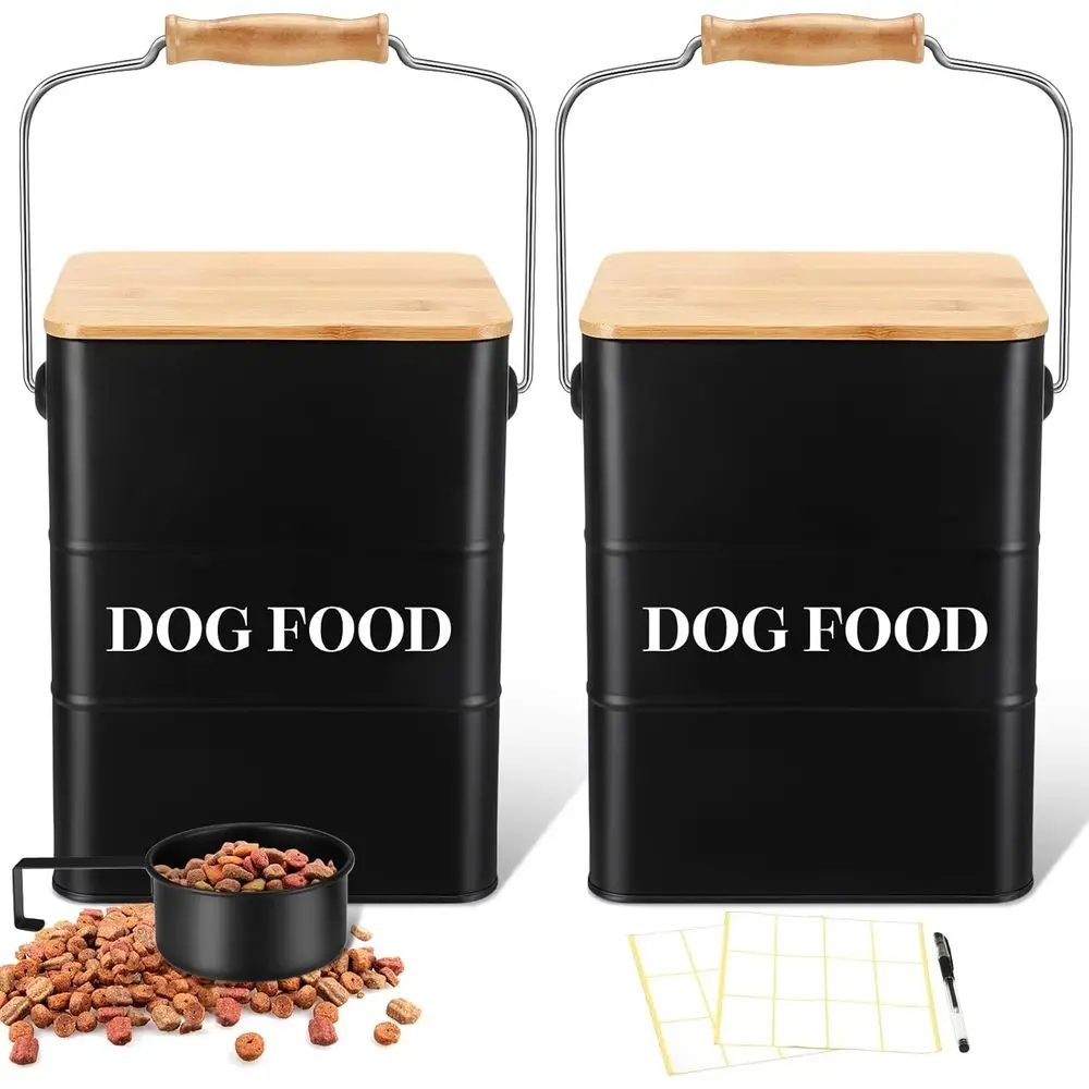 

Металлические контейнеры для хранения корма для собак, 10-14 фунтов (50 чашек), герметичные емкости с бамбуковыми крышками, мерная ложка, этикетки для самостоятельного оформления, хранение лакомств для собак