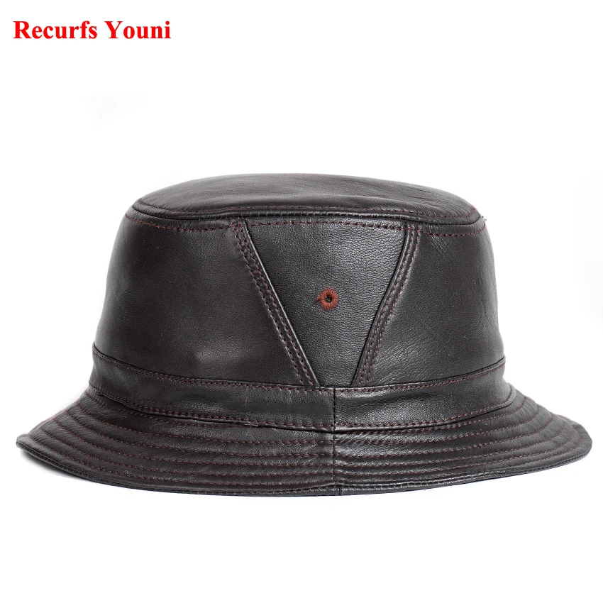 NEW RY995 Man Real Leather Fitted Flat Bucket Hats Male Outdoor Potted Short Brim Black/Brown Hip Pop Gorras Elderly Fishing Cap