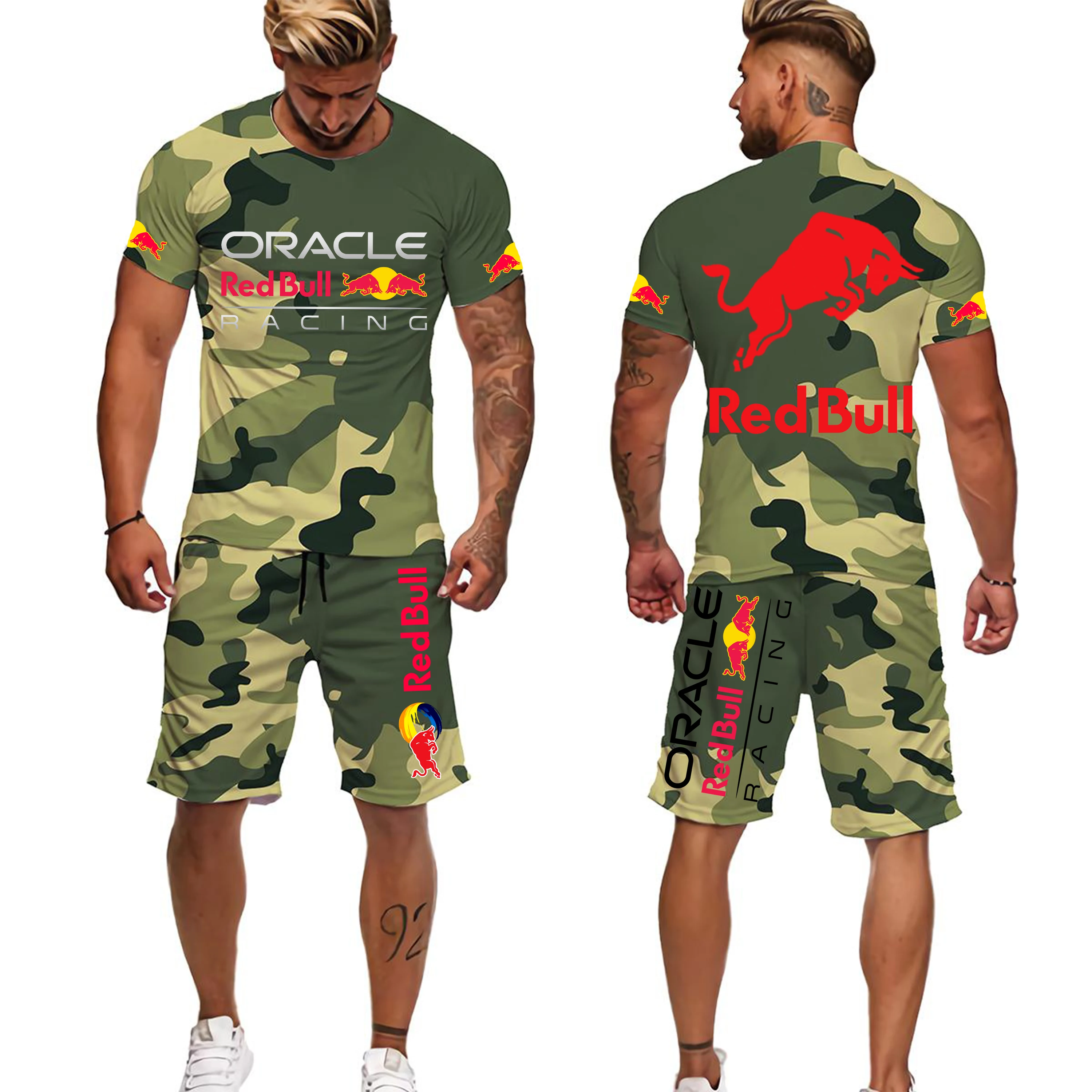 2025 Nieuwe Zomer Red Bull Racing 3D Gedrukt Heren Camouflage T-shirt Shorts Sportkleding Ronde Hals Korte Mouw Set Kinderset