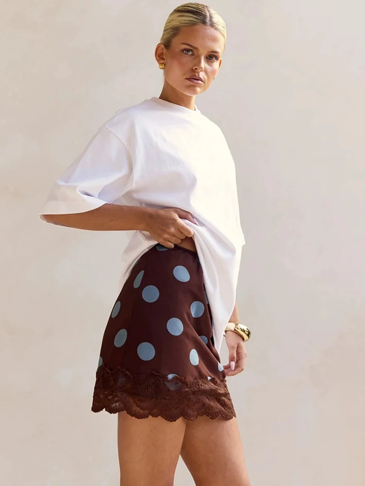JULISSA MO Patchwork Lace Print Polka Dot Women Skirt Coffee High Waist Y2k Mini Skirt Female Spring Slim Casual Streetwear 2026