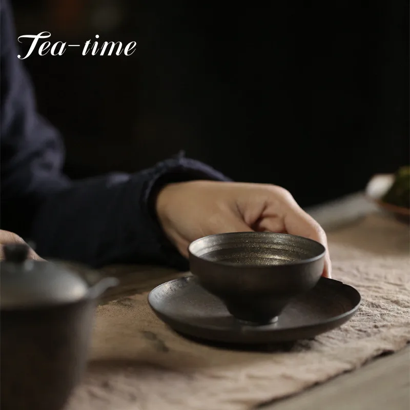 Japanese-style Handmade Thin Tire Tea Cup Iron Ceramic Glaze TeaCups High Foot Personal Cup Kung Fu Puer Tea Cone Master Cup