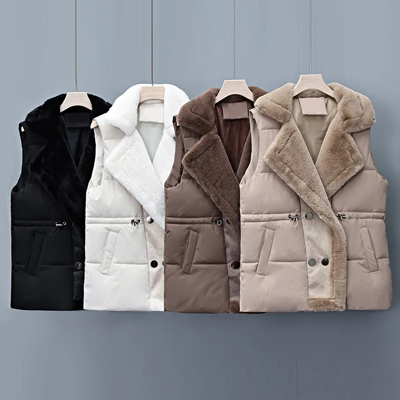 Autumn Winter New Down Cotton Vest Jacket Women Sleeveless Fur Integrated Lapel Drawstring Waist Waistcoat Short Coat Ladies