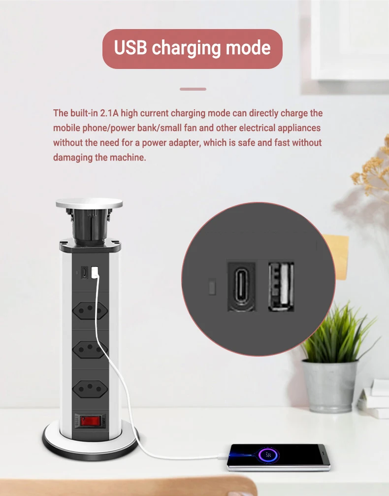 Pop Up Desk Socket Tablet Sockets Power Strip Brazil Electric Plug Switch Outlet Hidden Kitchen USB Charger 1.8m Extenstion Cord