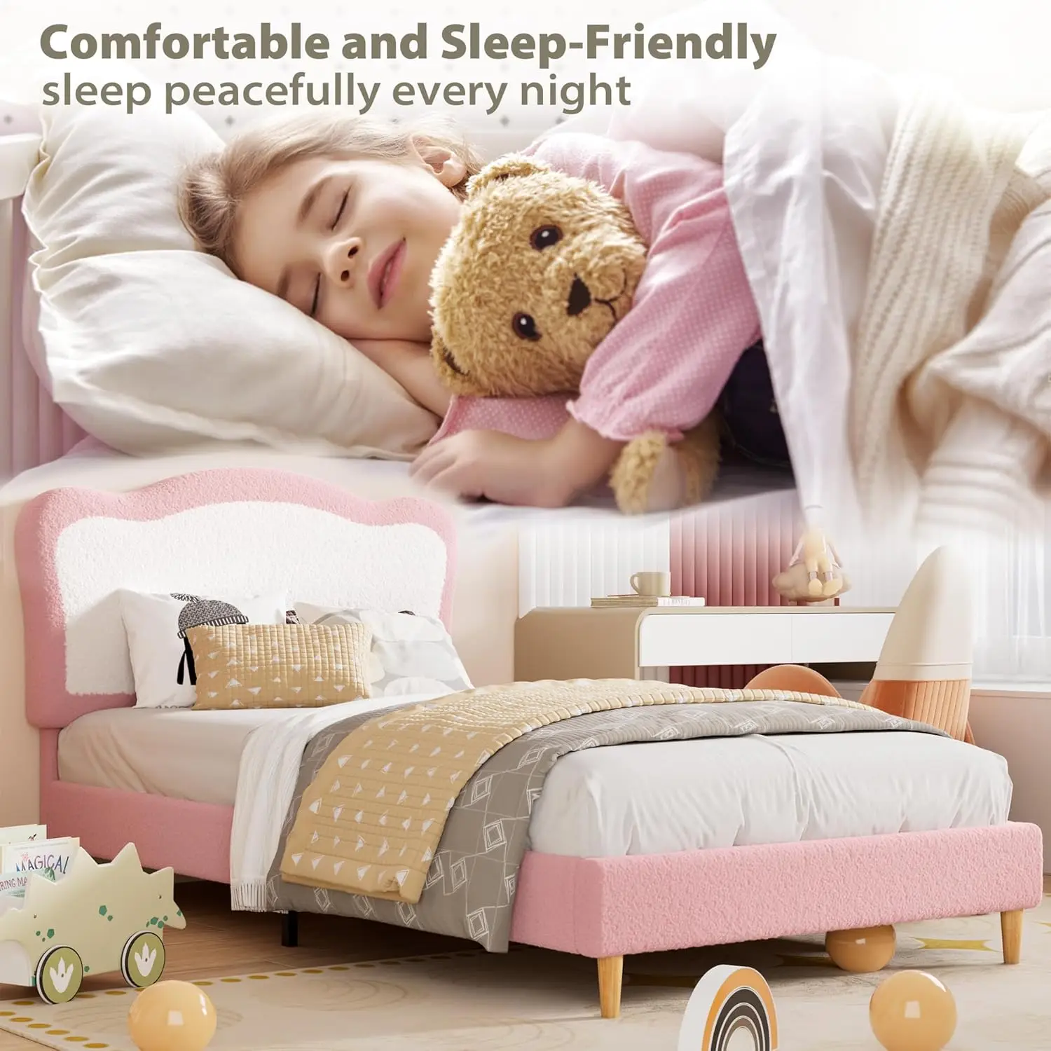 Upholstered Twin Bed Frame for Kids with Scallop Headboard, Cute Velvet Twin Bed for Girls, Boys, Sturdy Platform Bed, No Box Spring Needed, Wooden Slats, Noise Free, Pink White image 5