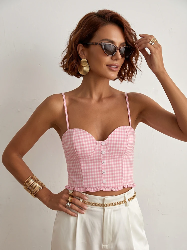 HH Elegant Pink Plaid Bodycon Camisole Top Spaghetti Straps Front Button Ruffle Hem Short Corset Summer Resort Beach Party Wear