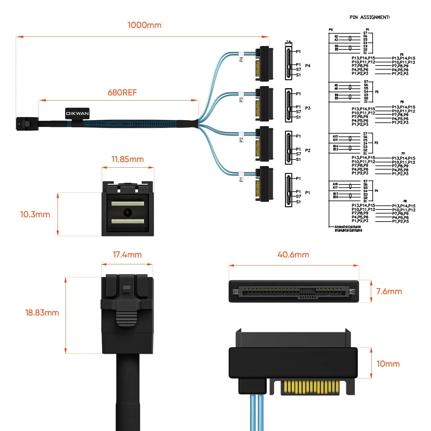 Kabel JoniSerl Mini-SAS do SAS: 1M SFF-8643 do SAS SFF-8643 do SFF-8482, 4x SFF-8482 z kablem zasilającym SATA — zdjęcie produktu 4