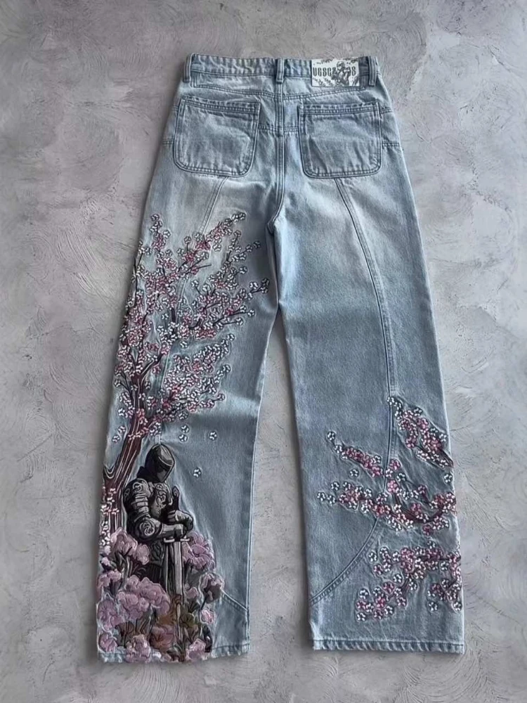 Houzhou vintage bordado jeans feminino y2k estilo hip hop calças jeans oversize gótico harajuku retro streetwear calças de perna larga