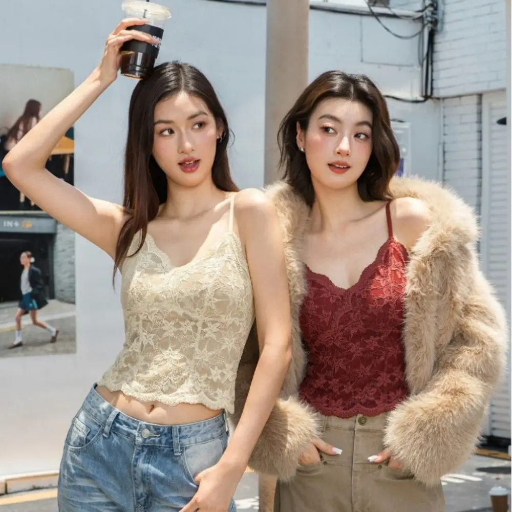 

Fashion Mesh Flower Slim Lace Crop Top Bottoming Shirt Sweet Girl's Vest Top Summer Spicy Girls Style Camisole with Pads Women