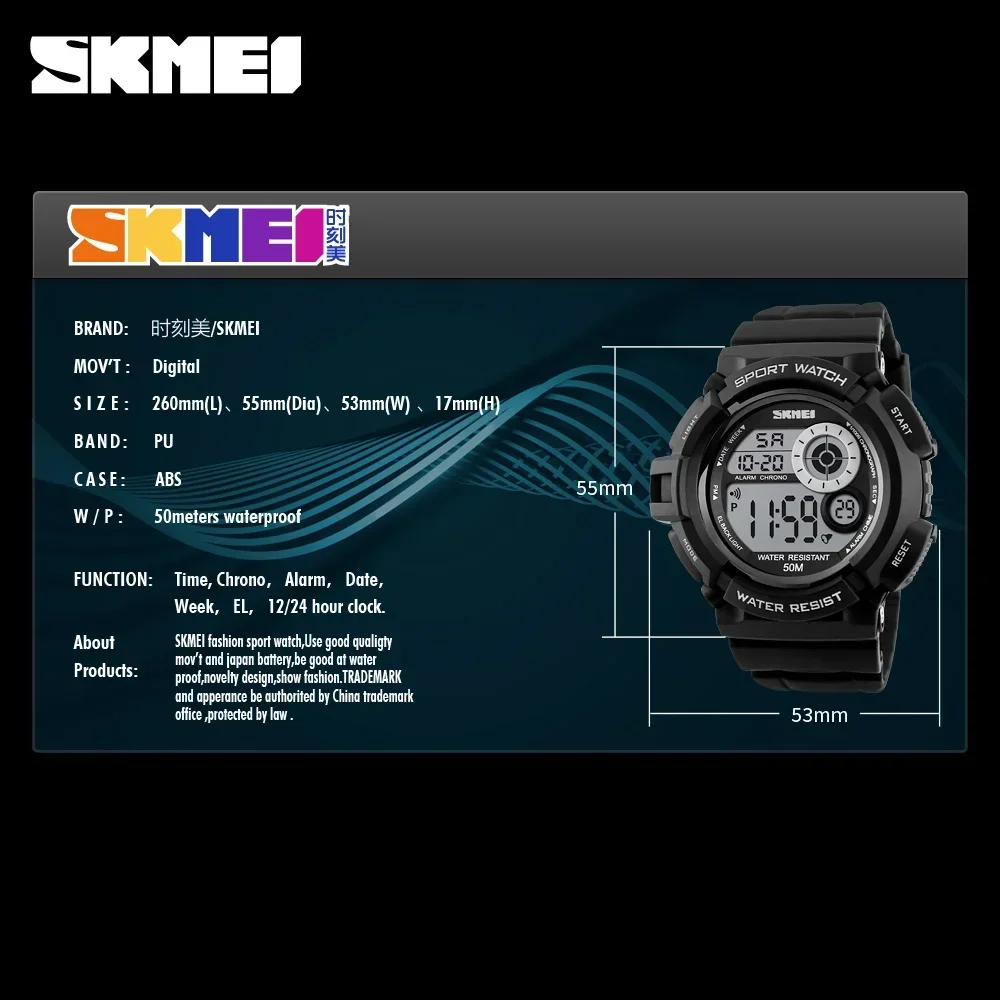 SKMEI 1222  Waterproof Shock Resistant Digital Watch reloj hombre Outdoor Sport Watch Men Simple Colourful LED Display Watches