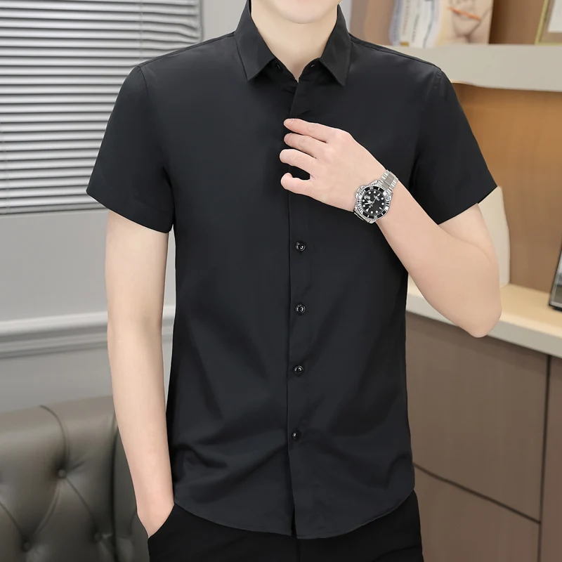 Summer Men\'s Clothing Turn-down Collar Solid Color Button Short Sleeve Cardigan Shirt Business Boyfriend Office Lady Tops