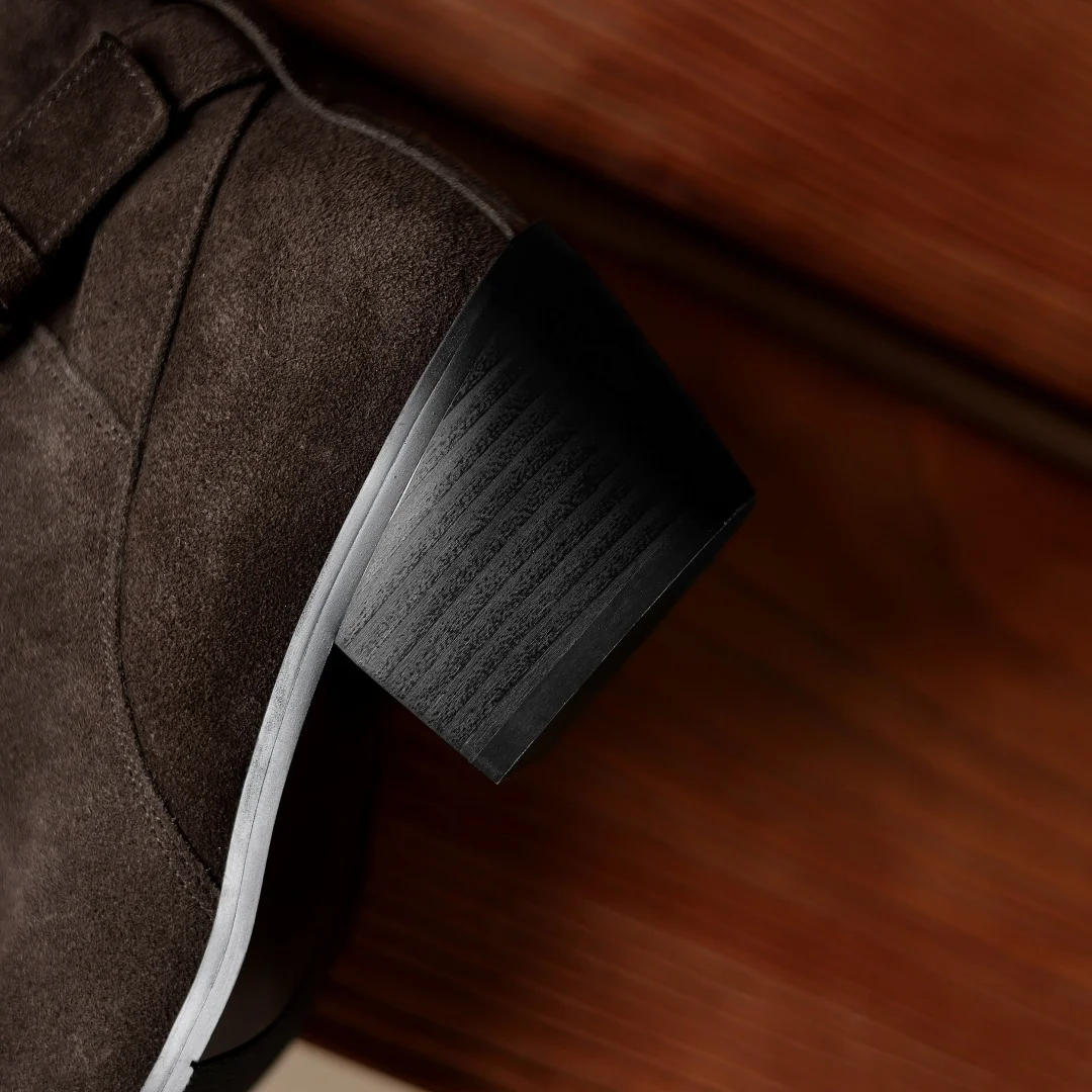 المرأة جلد الغزال الطبيعي ساحة تو مشبك معدني الجانب البريدي الخريف حذاء من الجلد 5.5 سنتيمتر سميكة ميد كعب الجوارب القصيرة عادية #4