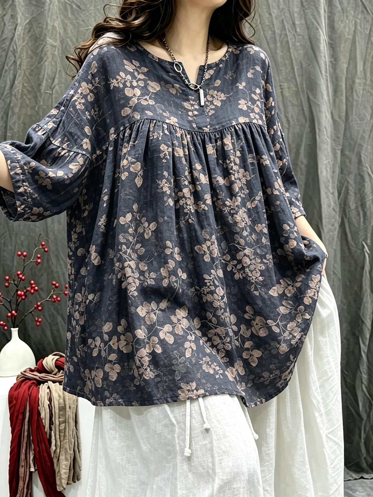 Retro Print Loose Casual Slimming Doll Shirt Women's Early Autumn New Style Seven-Quarter Sleeve Commute Fashion Top