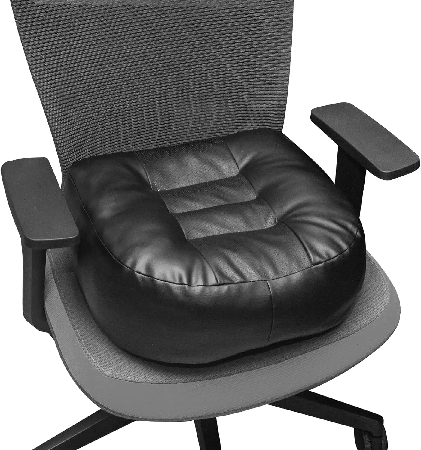 

Extra-Thick Leather Seat Cushion for Office Chair, Boosts Height with Breathable Cover and Handle - Relieves Back Pain, Black